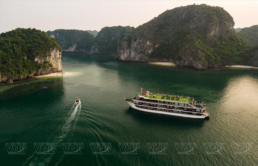 An aerial view of islets in Lan Ha Bay.