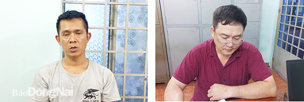2 đối tượng Nguyễn Phước Thành (trái) và Trần Huy Hùng (phải) bị công an bắt giữ