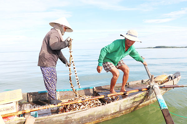 Vợ chồng ngư dân Lê Thị Kim Thủy (ngụ ấp Bến Nôm 2, xã Phú Cường, H.Định Quán) thả lưới đánh bắt cá bống cát. Ảnh: T.Nhân