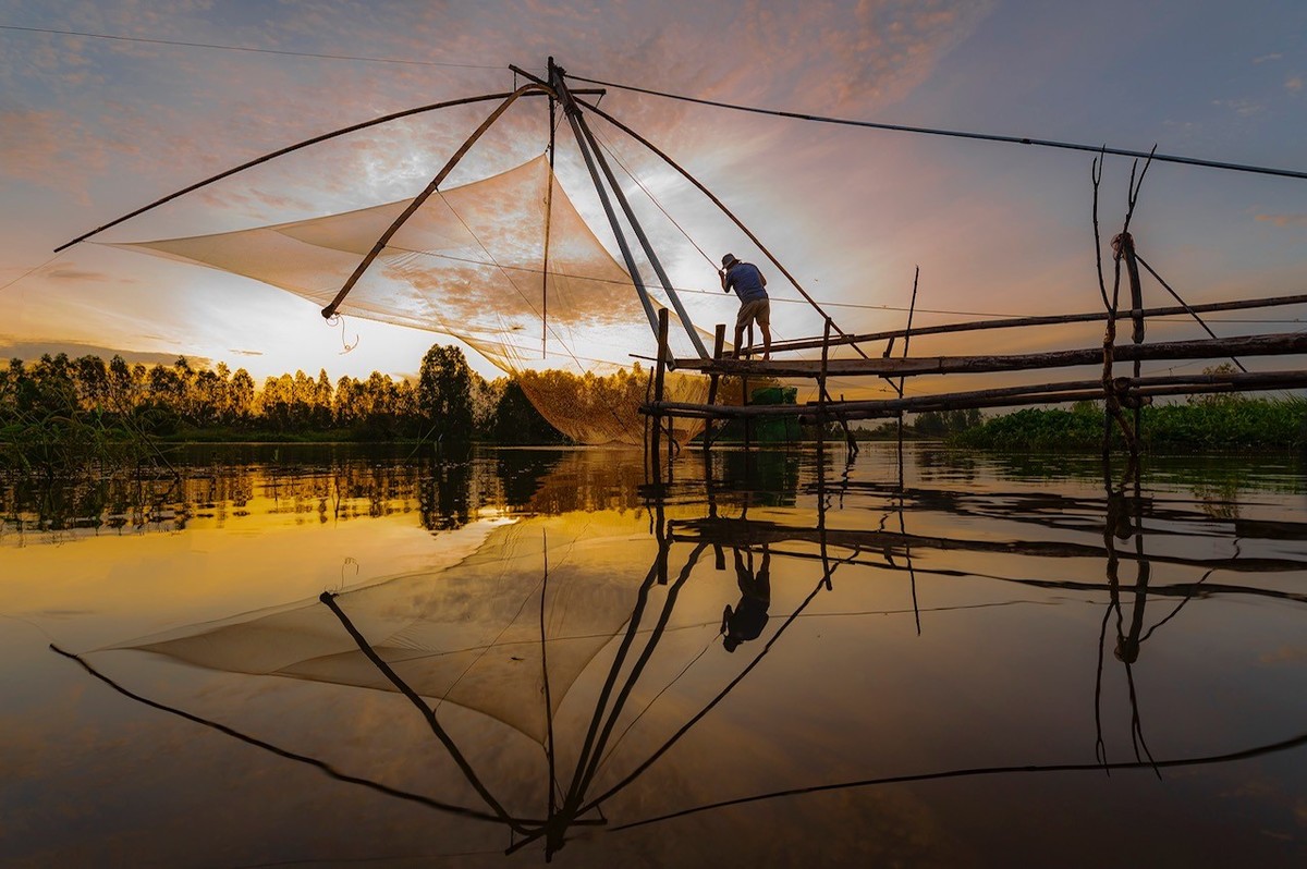 A man uses a basket trap to catch fish during the flooding season.