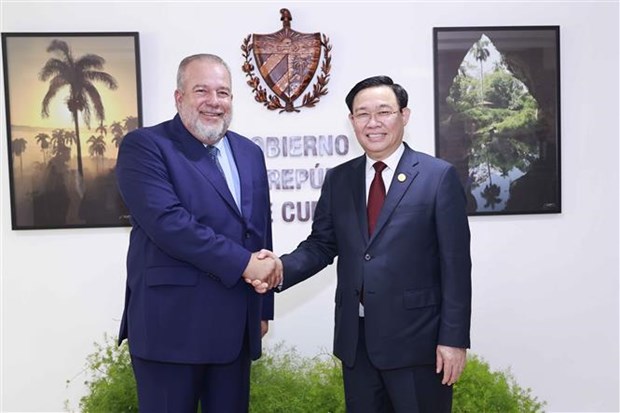 Vietnamese NA Chairman Vuong Dinh Hue (R) meets Cuban Prime Minister Manuel Marrero Cruz in Havana on April 20 afternoon (local time). 