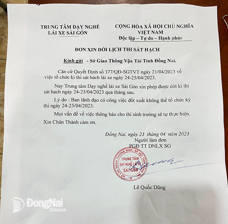 Trung tâm dạy nghề lái xe Sài Gòn gửi đơn đến Sở GT-VT xin phép được dời kỳ thi sát hạch vào 2 ngày 24 và 25-4-2023 qua tháng sau