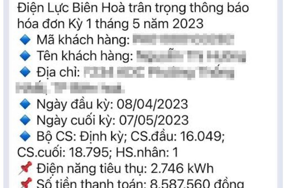 Thông báo tiền điện của gia đình chị Nguyễn Thị Hương, P.Thống Nhất (TP.Biên Hòa) với số tiền hơn 8,5 triệu đồng