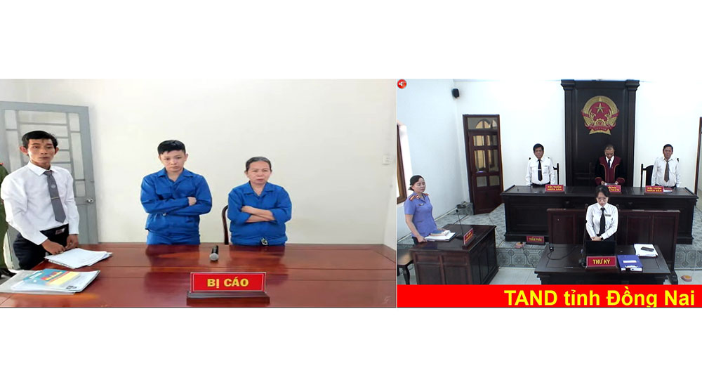 Phiên tòa xét xử trực tuyến 2 bị cáo Nguyễn Thị Lan và Nguyễn Thanh Tuấn. Ảnh: T.Tâm