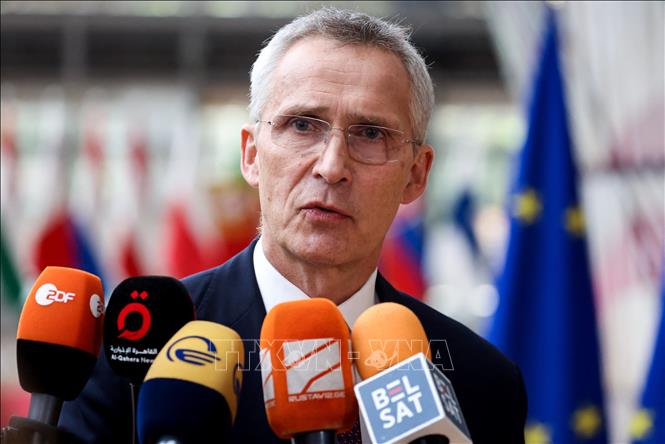 Tổng Thư ký NATO Jens Stoltenberg phát biểu với báo giới tại Brussels, Bỉ ngày 23-5-2023. Ảnh: AFP/TTXVN