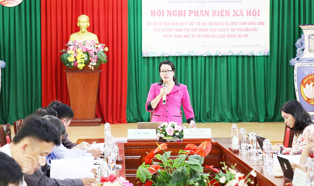 Phó chủ tịch Ủy ban MTTQ Việt Nam tỉnh Lưu Thị Hà chủ trì hội nghị phản biện xã hội đối với dự thảo nghị quyết đặt tên, đổi tên đường và công trình công cộng Ảnh: Sông Thao