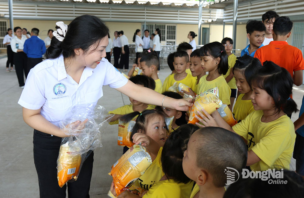 Thành viên nhóm tình nguyện Trường đại học Đồng Nai vui chơi cùng trẻ em tại Trung tâm Công tác xã hội tỉnh vào ngày 15-6