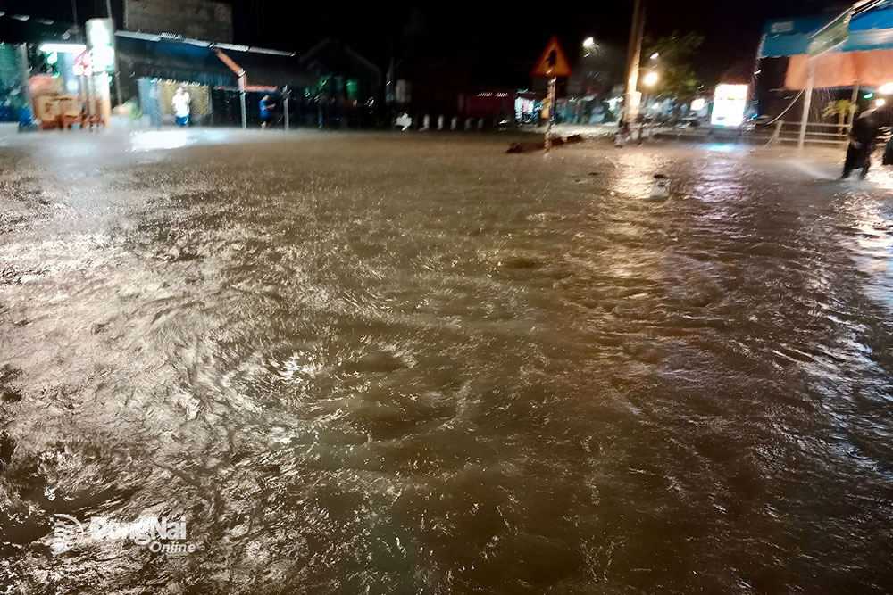 Nước ngập sâu tại khu vực cầu Lò Rèn (xã Long Thọ). Ảnh: CTV