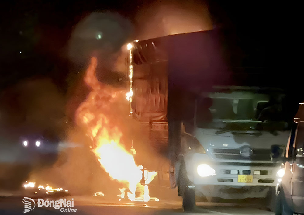 Xe tải  bốc cháy dữ dội trên quốc lộ 20 Ảnh: CTV