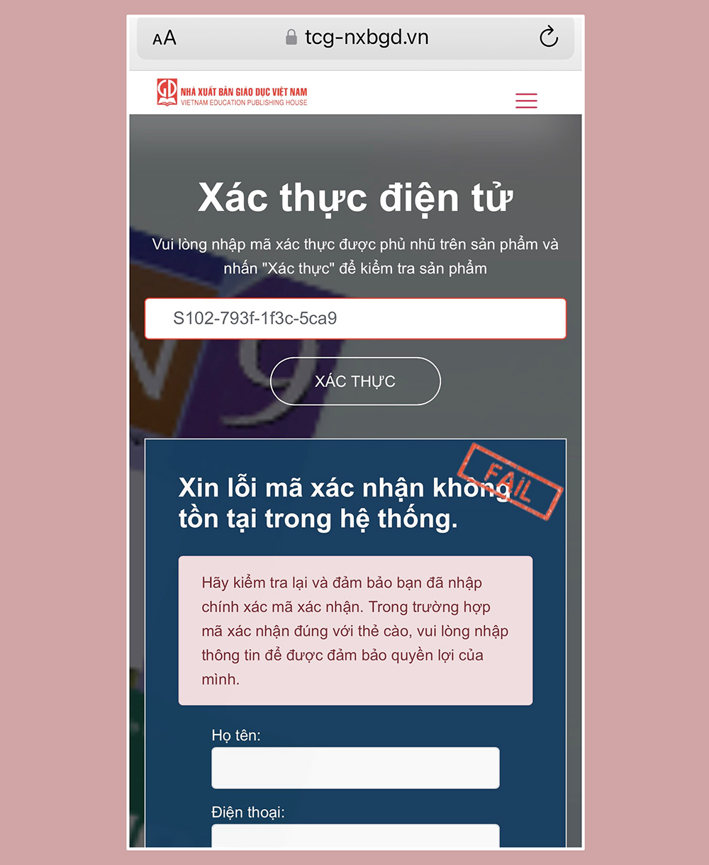 Mã số trong sách giả sẽ không thể xác thực được, do đó học sinh không thể truy cập kho học liệu trực tuyến của NXB